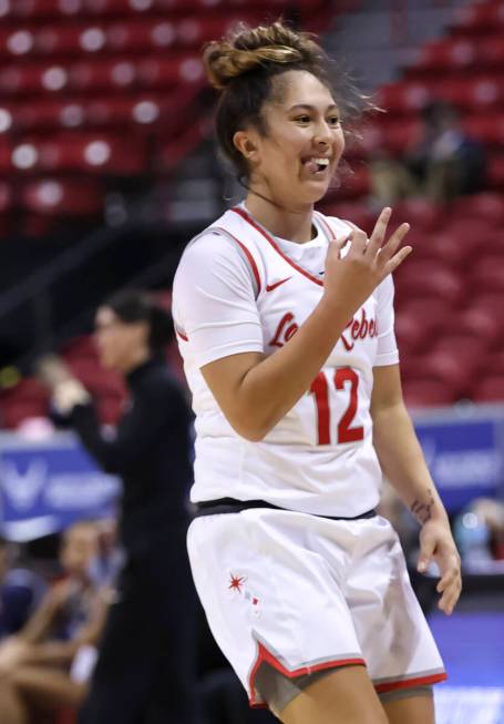 UNLV Lady Rebels guard Alyssa Durazo-Frescas (12) celebrates after scoring against the Utah Sta ...