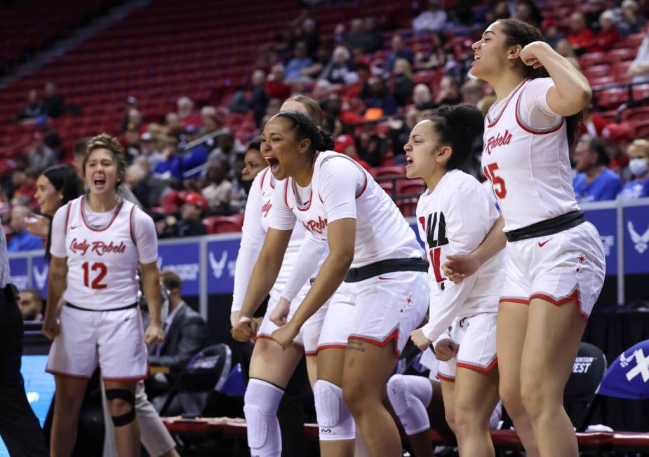 UNLV Lady Rebels players celebrate after a play by UNLV Lady Rebels forward Nneka Obiazor, not ...