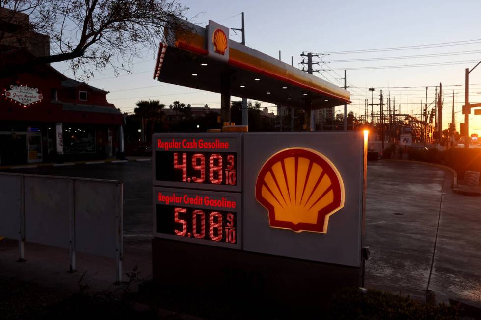 Gas prices at a station at Flamingo Road and Koval Lane in Las Vegas Monday, March 7, 2022. (K. ...