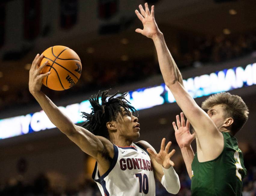 Gonzaga Bulldogs guard Hunter Sallis (10) drives past San Francisco Dons guard Julian Rishwain ...