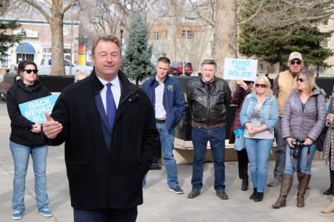 Former U.S. Sen. Dean Heller speaks to supporters outside the Nevada state Capitol in Carson Ci ...