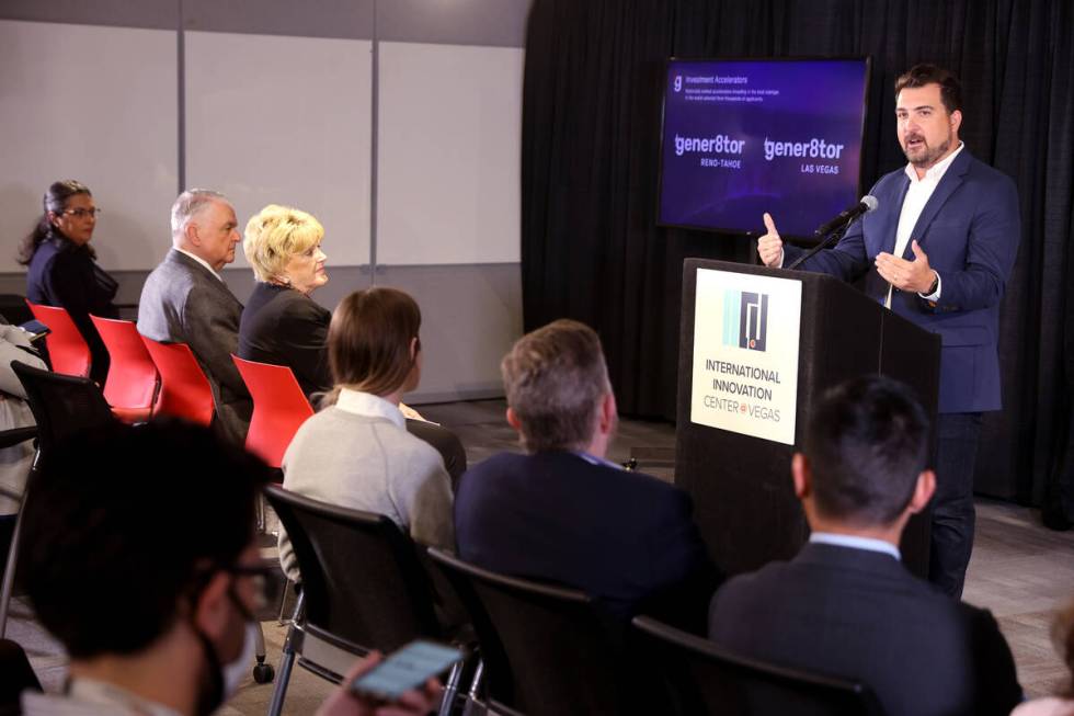 Troy Vosseller, co-founder of gener8tor, speaks during a news conference at the International I ...