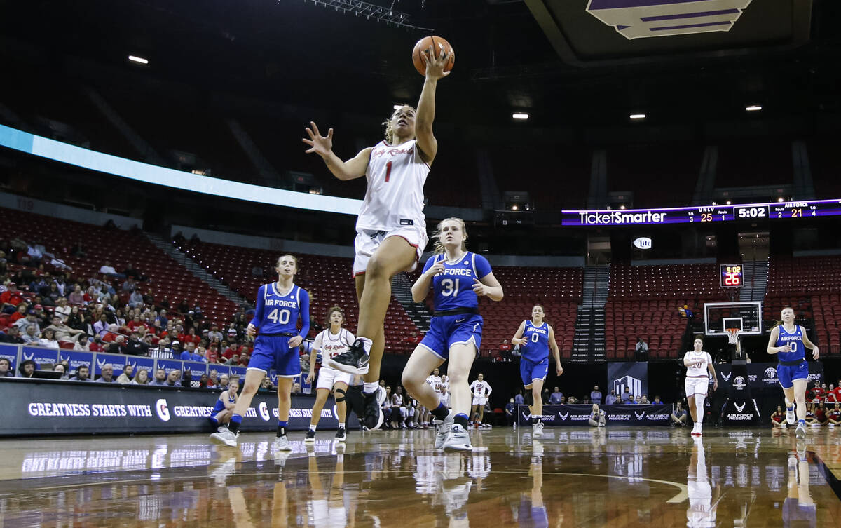 UNLV Lady Rebels forward Nneka Obiazor (1) lays up the ball against the Air Force Falcons durin ...