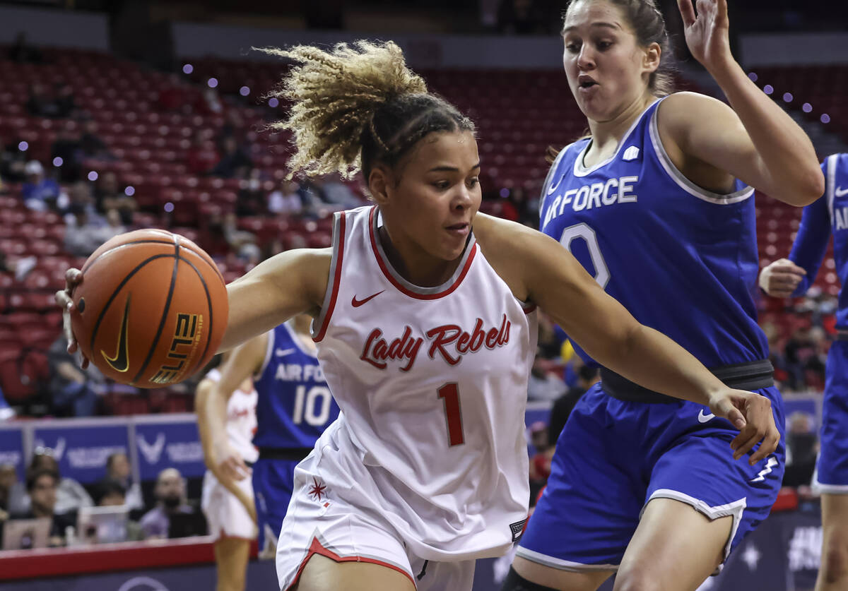 UNLV Lady Rebels forward Nneka Obiazor (1) drives to the basket against Air Force Falcons forwa ...