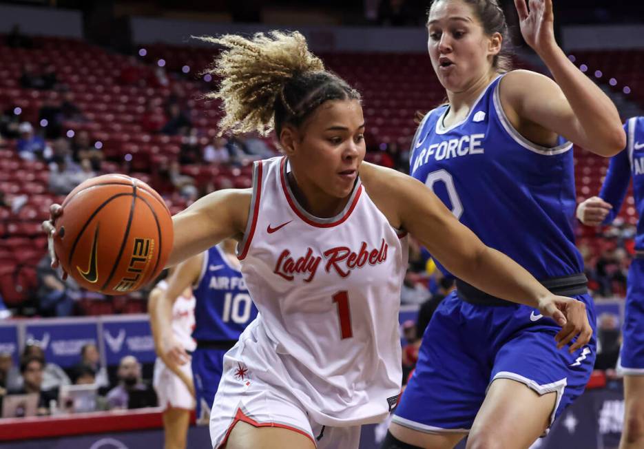 UNLV Lady Rebels forward Nneka Obiazor (1) drives to the basket against Air Force Falcons forwa ...