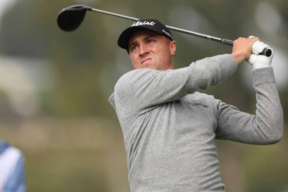 FILE - Justin Thomas tees off on the 15th hole during the final round of the Genesis Invitation ...