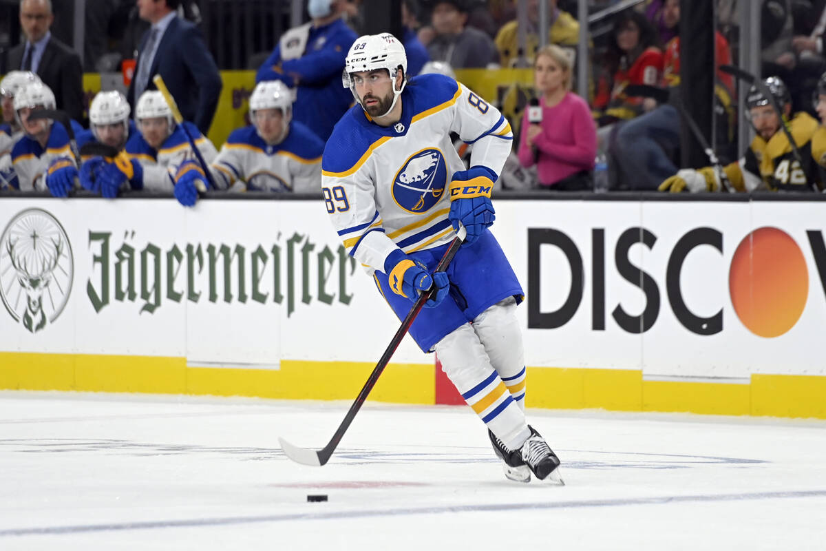 Buffalo Sabres right wing Alex Tuch (89) skates with the puck against the Vegas Golden Knights ...