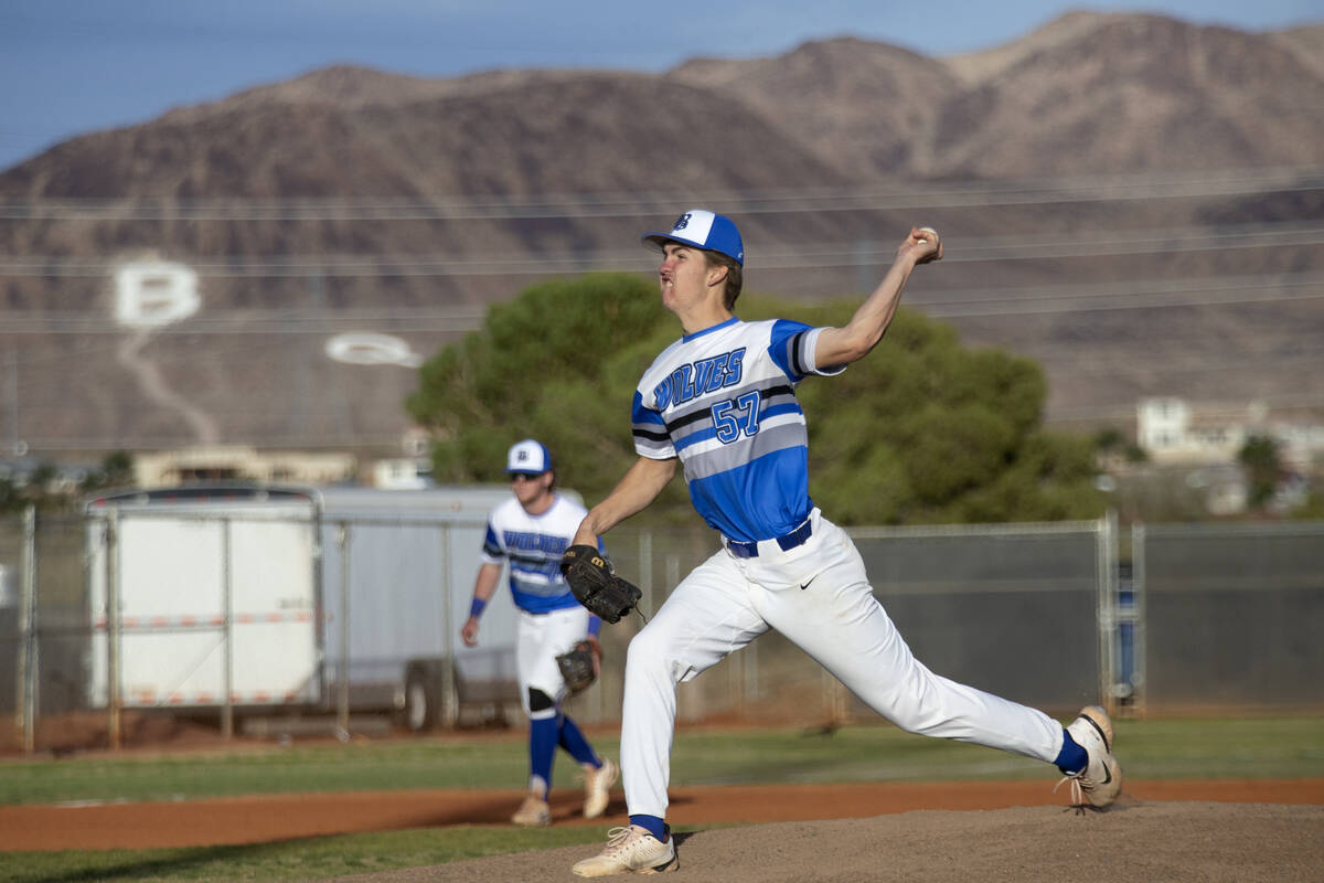 Basic’s Braden Turner (57) pitches to Centennial during a high school baseball game at B ...