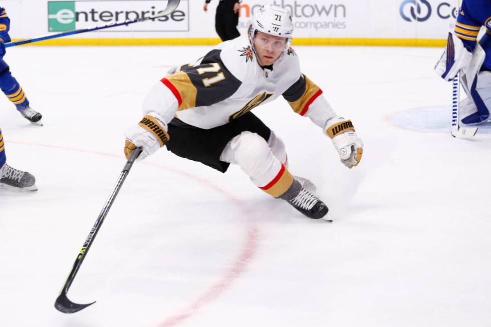 Vegas Golden Knights center William Karlsson (71) chases the puck into the corner during the fi ...