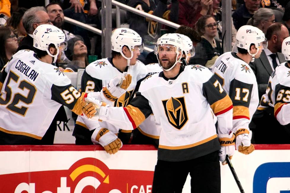 Vegas Golden Knights' Alex Pietrangelo (7) returns to the bench after scoring during the second ...