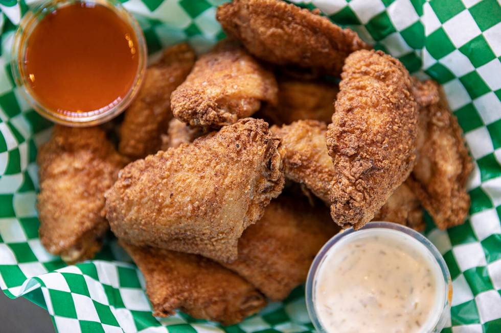 Brined chicken wings at Sticks Tavern on Wednesday, March 9, 2022, in Henderson. (Benjamin Hage ...