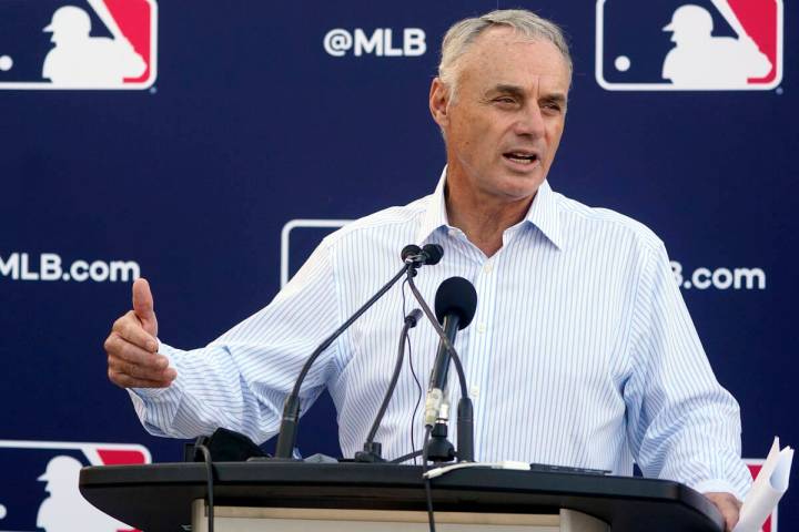 Major League Baseball Commissioner Rob Manfred speaks during a news conference after negotiatio ...