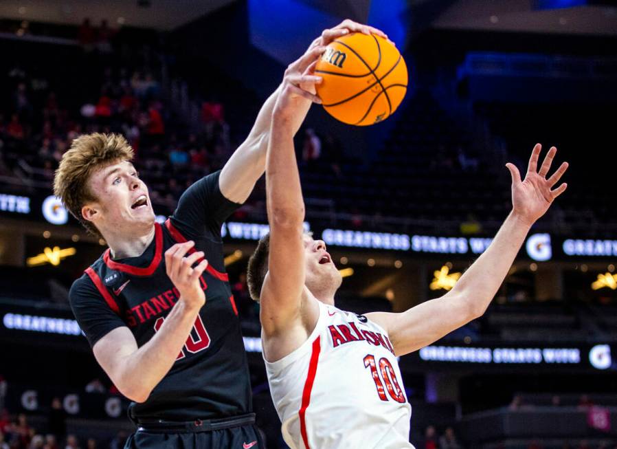 Stanford Cardinal forward Max Murrell (10) rejects a shot from behind on Arizona Wildcats forwa ...