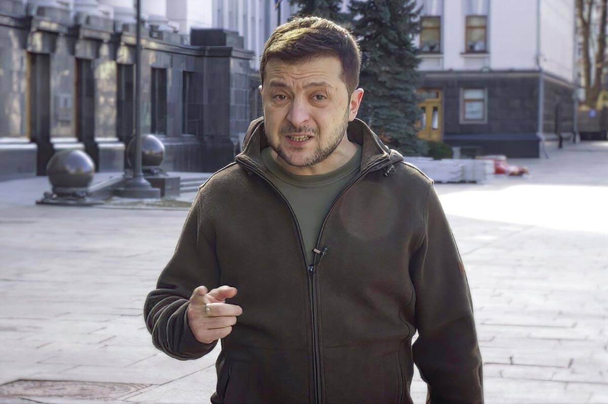 In this image from video provided by the Ukrainian Presidential Press Office and posted on Face ...