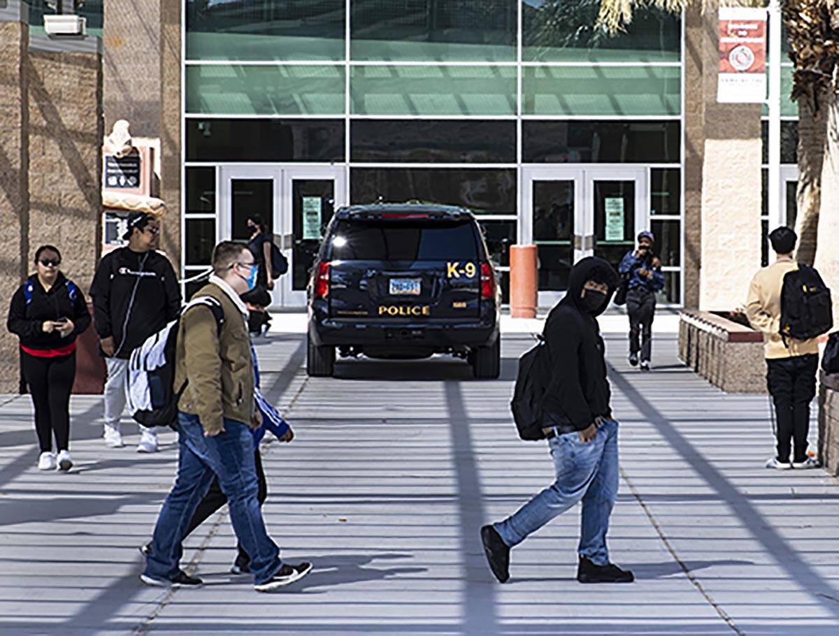 The Clark County School District police vehicle is seen as students at Desert Oasis High School ...