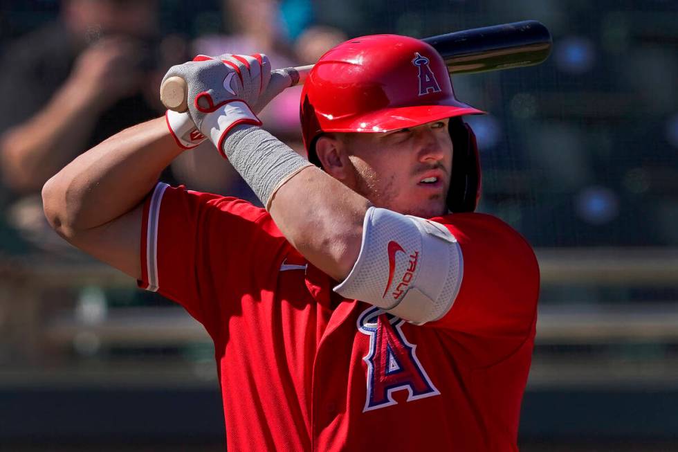 Los Angeles Angels' Mike Trout hits against the Oakland Athletics during the third inning of a ...