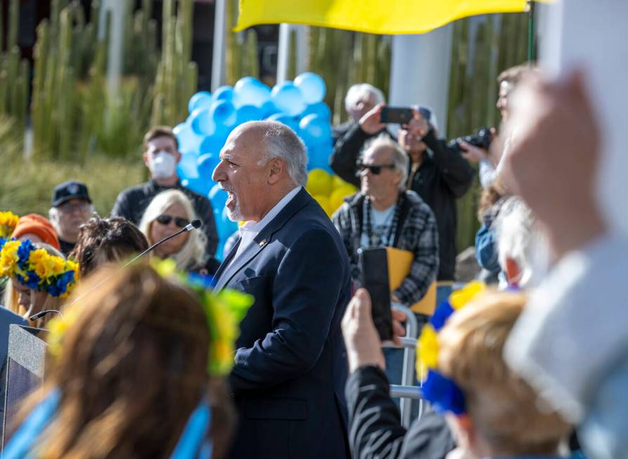 Mayor Pro Tem Stavros Anthony speaks during a Rally for Ukraine at City Hall on Saturday, March ...