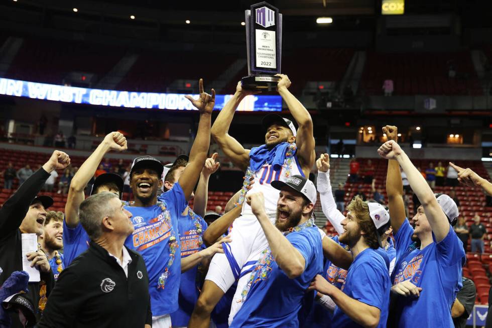 Boise State Broncos celebrate their win against San Diego State Aztecs in the second half of th ...