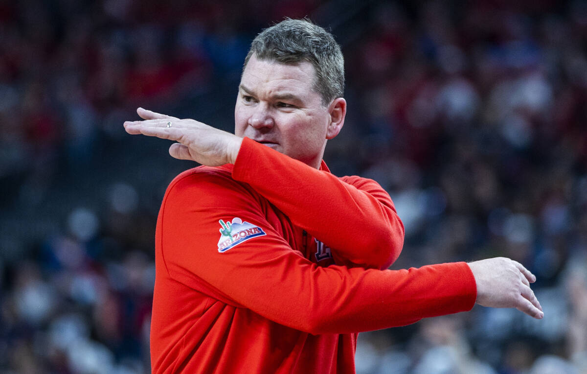 Arizona Wildcats head coach Tommy Lloyd is displeased with a foul call versus the UCLA Bruins d ...