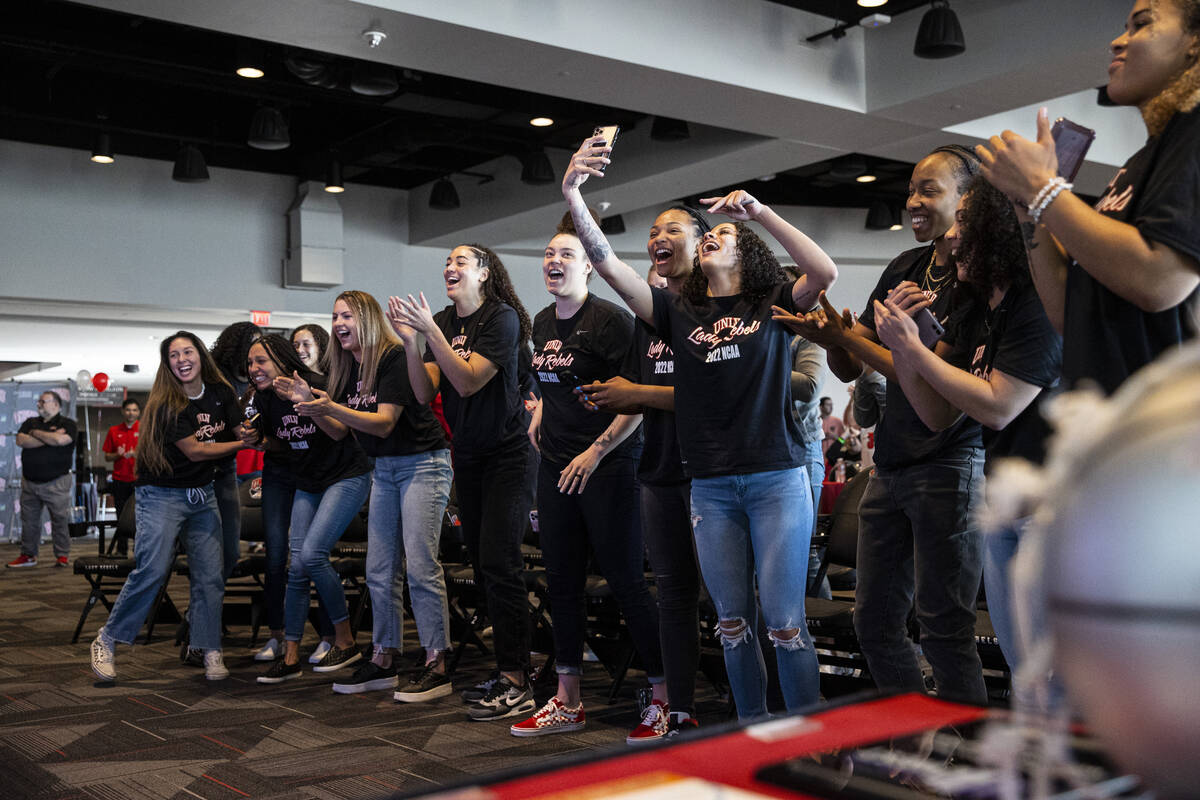 The UNLV Lady Rebels react while watching the NCAA selection show at The Thomas & Mack Cent ...