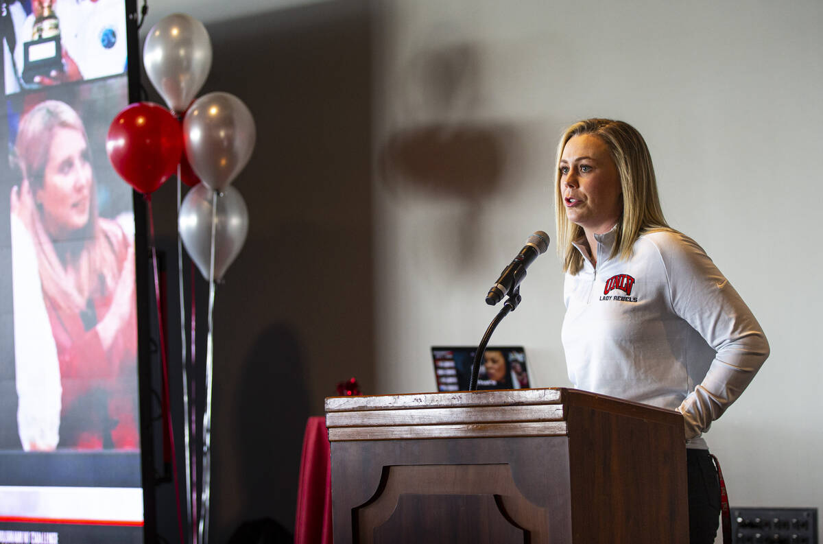 UNLV Lady Rebels head coach Lindy La Rocque speaks before the NCAA selection show at the Thomas ...