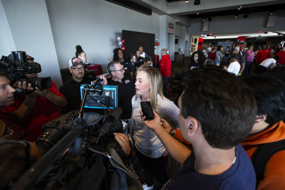 UNLV Lady Rebels head coach Lindy La Rocque speaks with members of the media following the NCAA ...