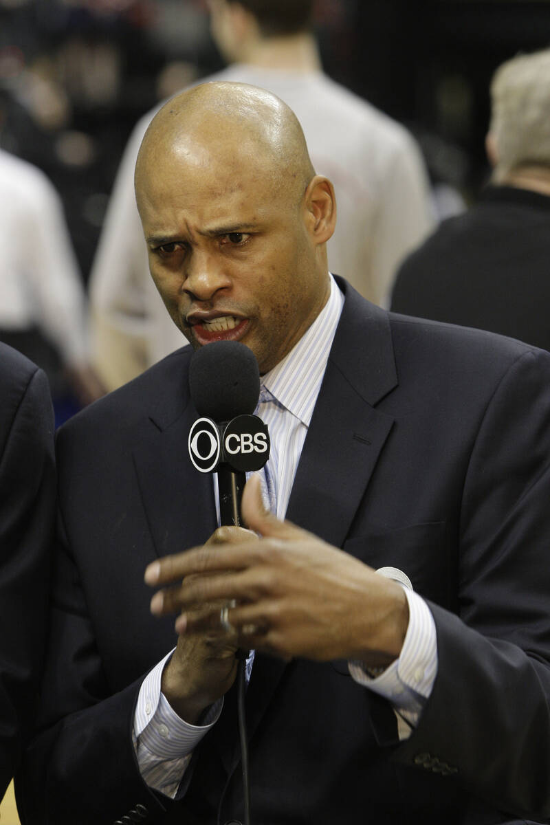 CBS Sports announcer Clark Kellogg is seen at an NCAA college basketball game in the semifinals ...