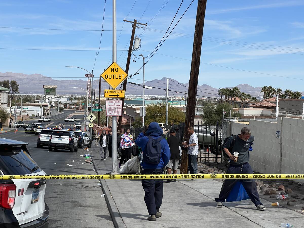 Las Vegas police investigate an officer-involved shooting near North Main Street and Foremaster ...