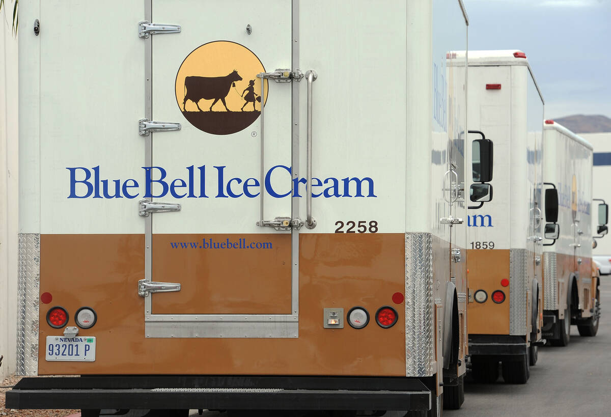 Blue Bell Ice Cream delivery trucks are lined up to pick up product at the Blue Bell transfer s ...