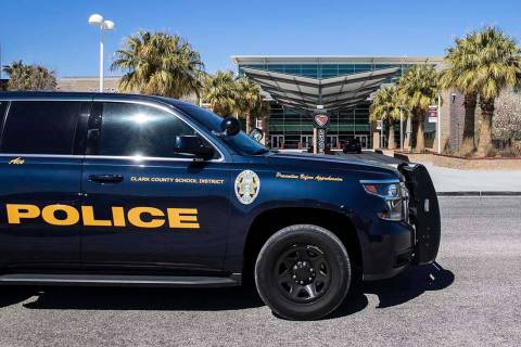 The Clark County School District police vehicle is seen outside of Desert Oasis High School on ...