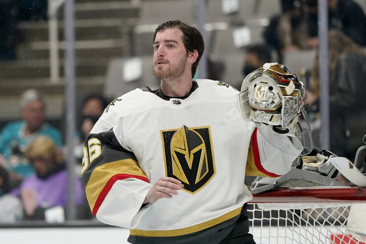 Vegas Golden Knights goaltender Logan Thompson (36) before an NHL hockey game against the San J ...