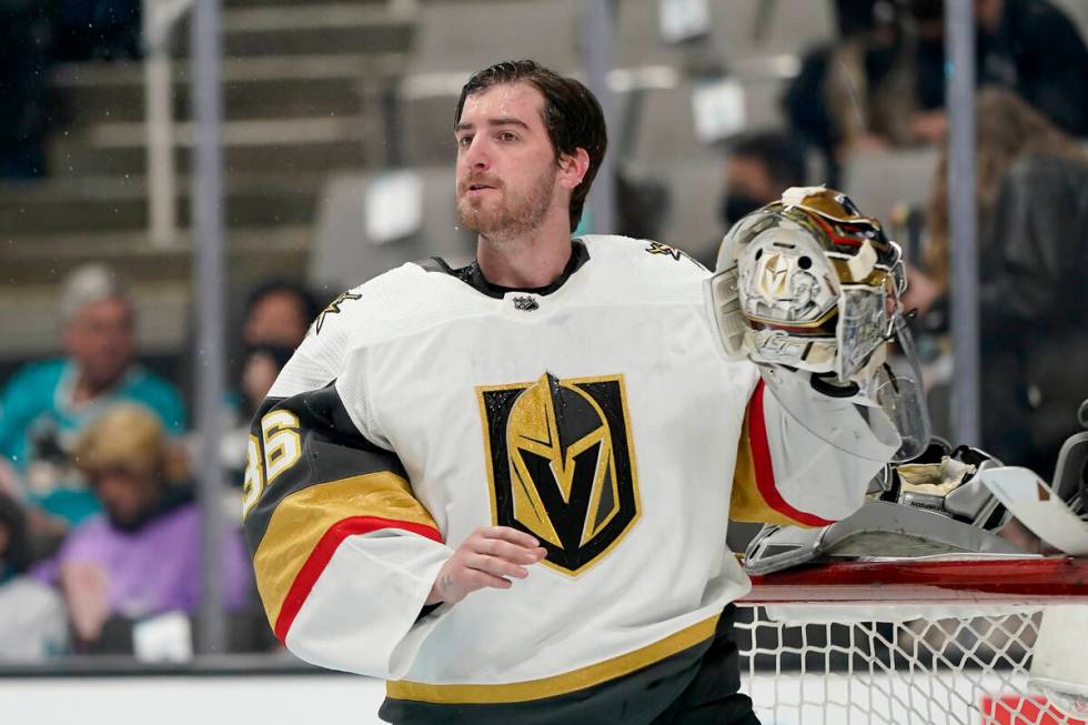 Vegas Golden Knights goaltender Logan Thompson (36) before an NHL hockey game against the San J ...