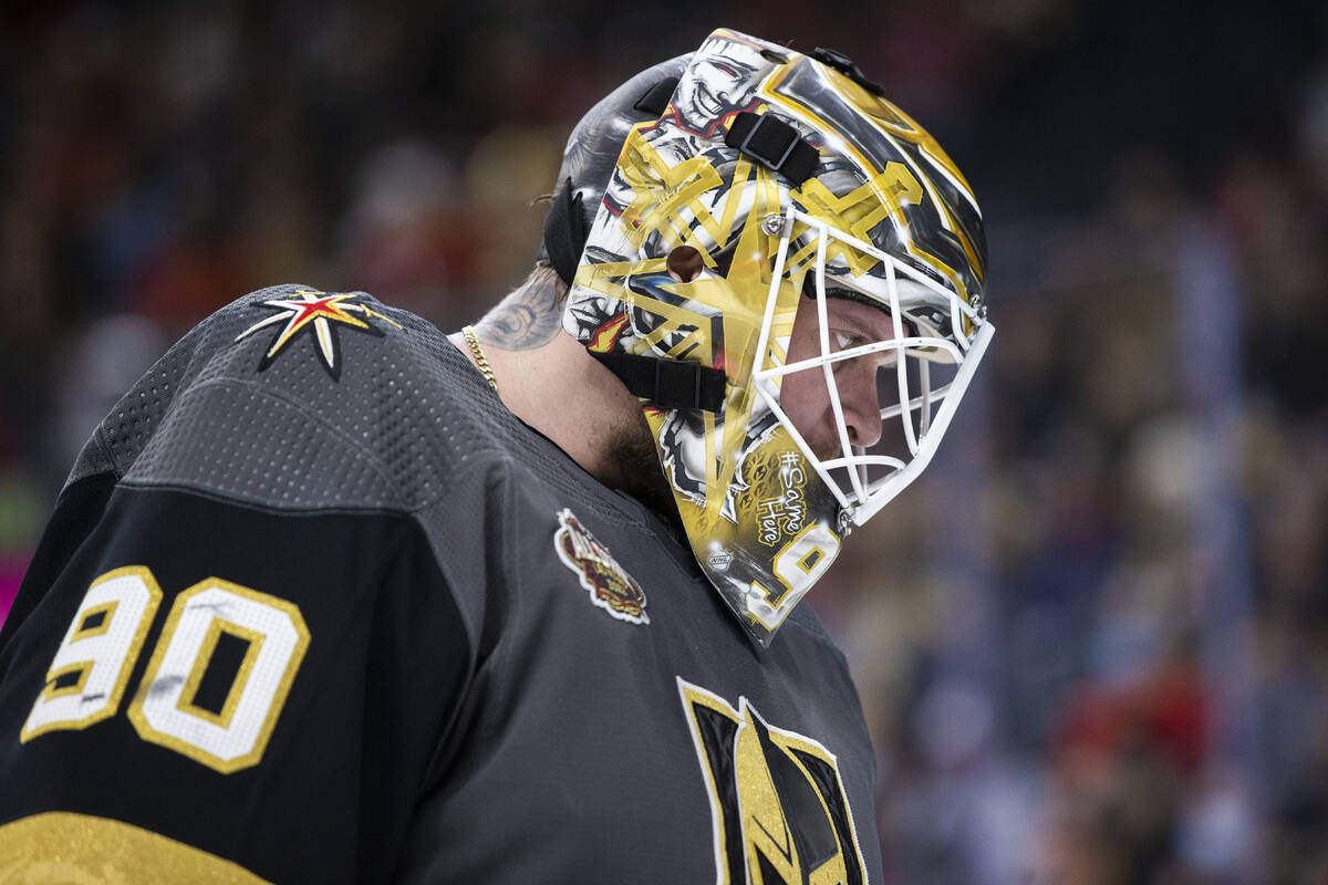 Golden Knights goaltender Robin Lehner (90) circles the net in the second period during an NHL ...