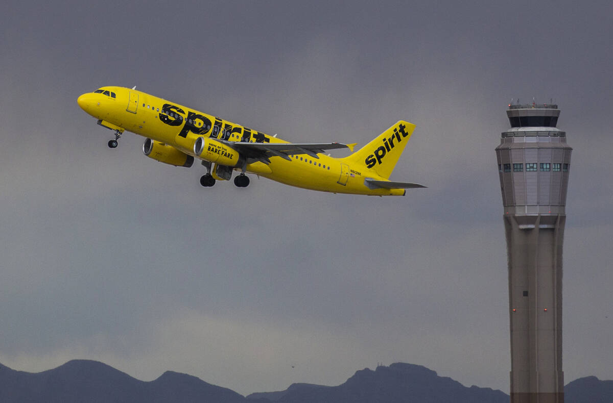 A Spirit Airlines aircraft takes off from McCarran International Airport in 2019 in Las Vegas. ...