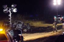 Emergency responders work the scene of a fatal crash late Tuesday, March 15, 2022 in Andrews Co ...