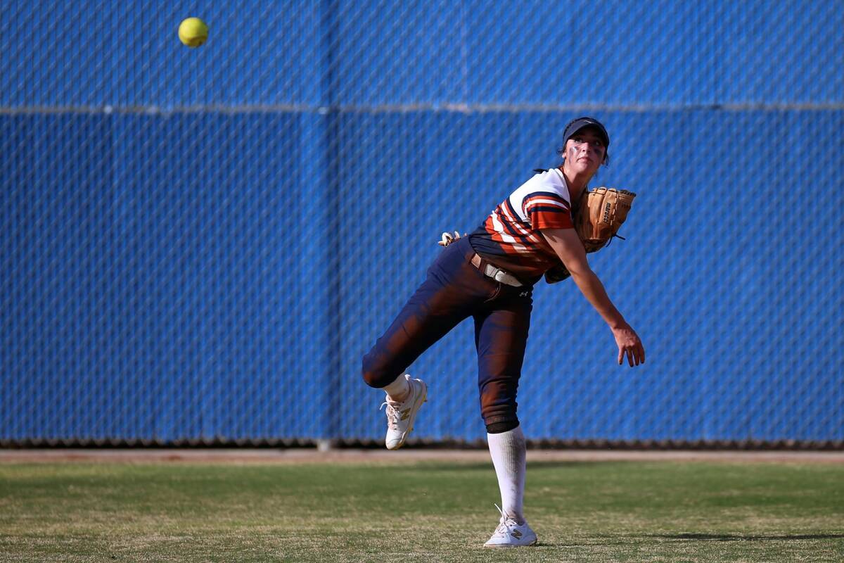 Legacy’s Madison Ruiz (9) throws the ball to the infield after a Bishop Gorman hit during a s ...