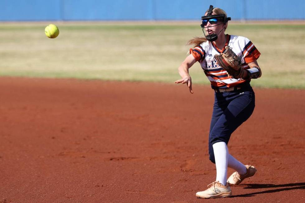Legacy’s Brytnee Caldwell (4) throws to first base for an out against Bishop Gorman during a ...
