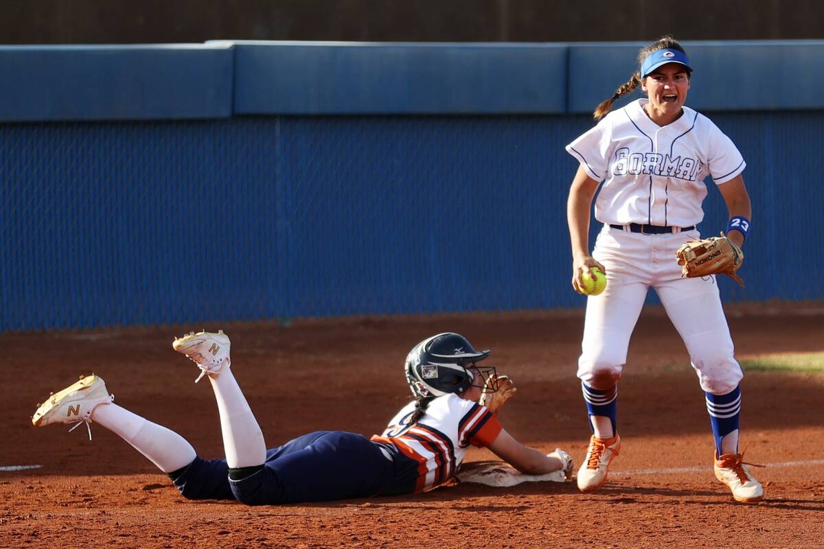 Bishop Gorman’s Brooke Ventrelle (23) reacts after getting an out against Legacy’s Madison ...