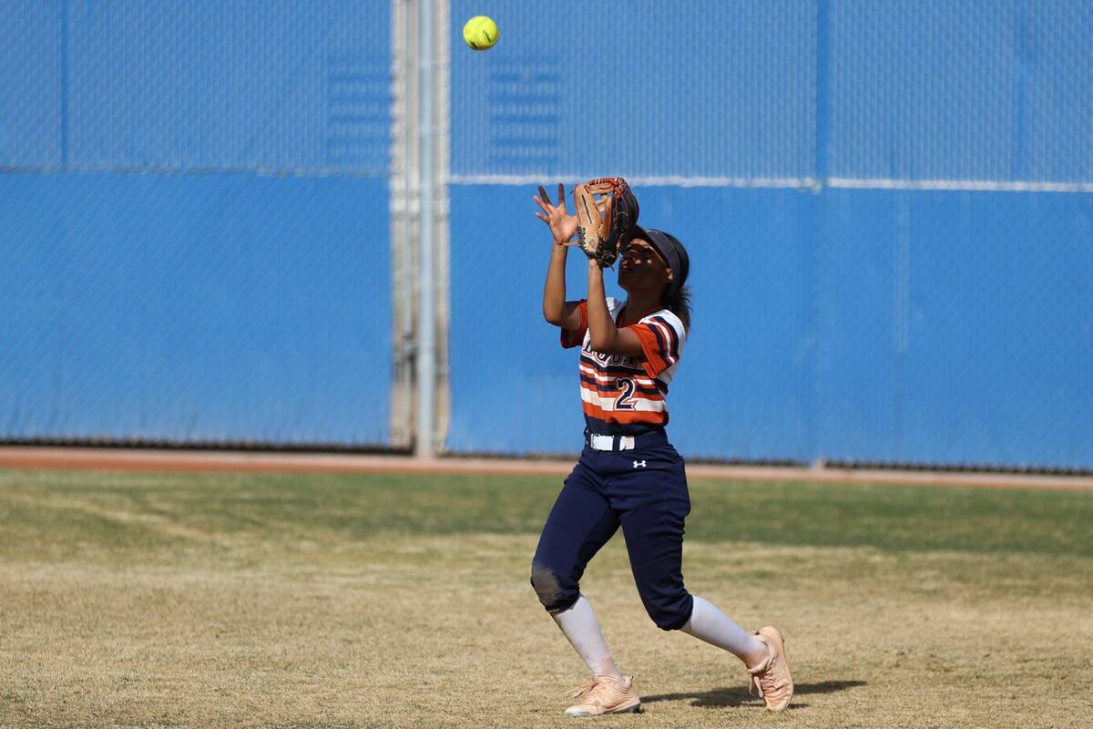 Legacy’s Iyanna Meyers (2) makes a catch in the outfield for an out against Bishop Gorman dur ...