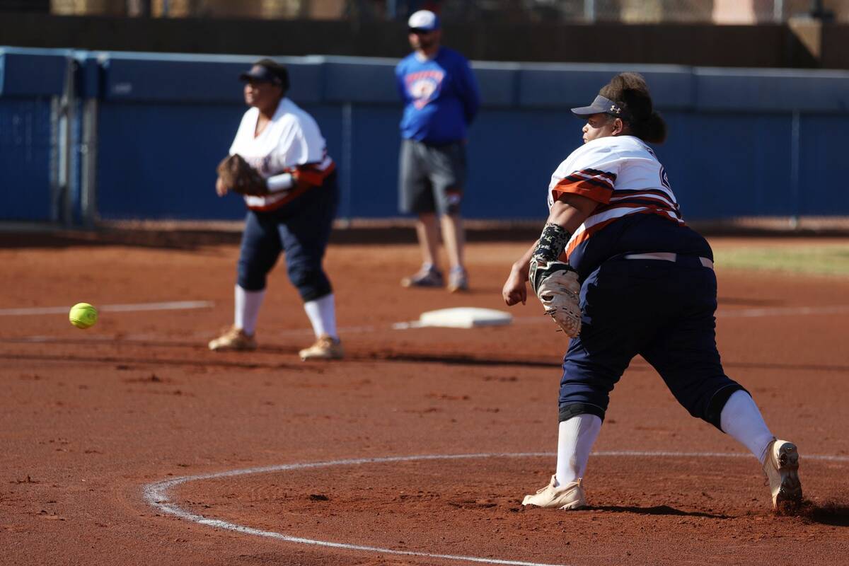 Legacy’s Destinee Jefferson (21) pitches the ball against Bishop Gorman during a softball gam ...