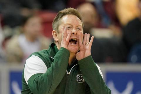 Colorado State head coach Niko Medved shouts to his team during the second half of an NCAA coll ...