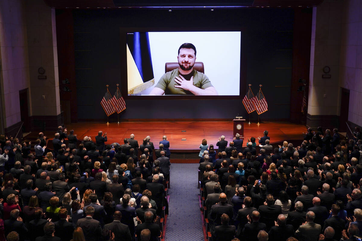 Ukrainian President Volodymyr Zelenskyy speaks to the U.S. Congress by video to plead for suppo ...