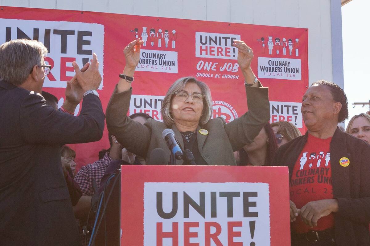 Geoconda Arguello-Kline, secretary-treasurer for the Culinary Union, finishes speaking during a ...