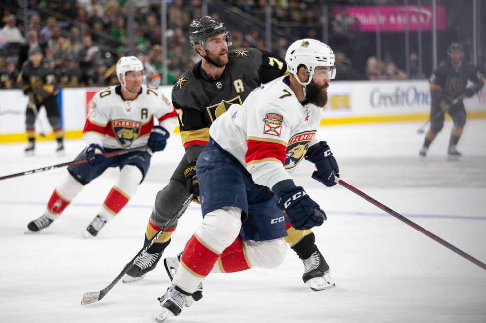 Panthers right wing Patric Hornqvist (70), Golden Knights defenseman Alex Pietrangelo (7) and P ...