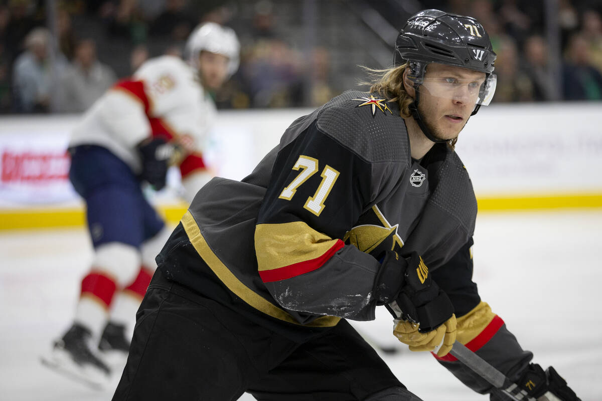 Golden Knights center William Karlsson (71) skates for the puck during the third period of an N ...