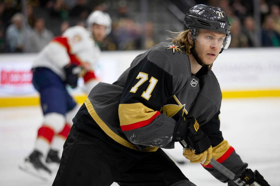 Golden Knights center William Karlsson (71) skates for the puck during the third period of an N ...