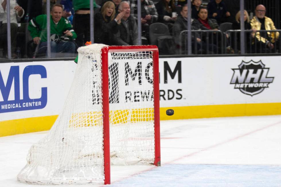 A goal scored by Golden Knights center William Karlsson (71) bounces from the empty net during ...