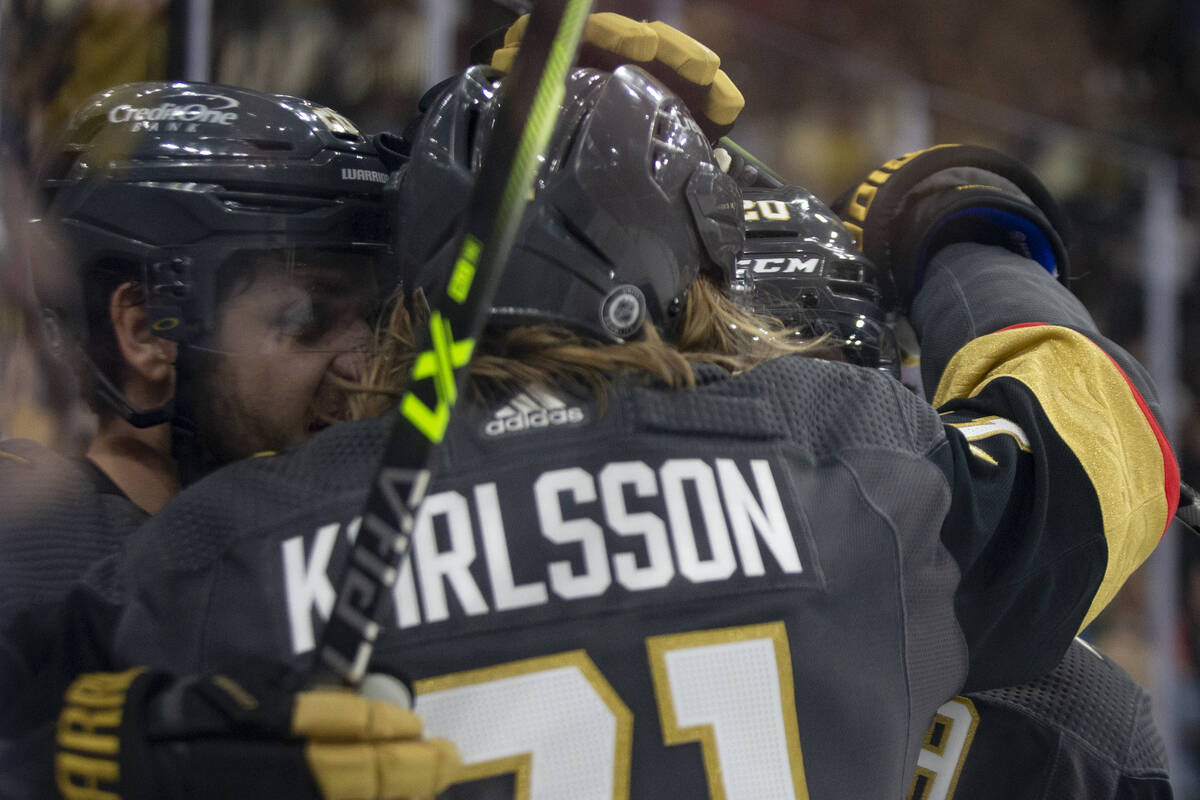 Golden Knights center Mattias Janmark (26), center William Karlsson (71) and center Chandler St ...