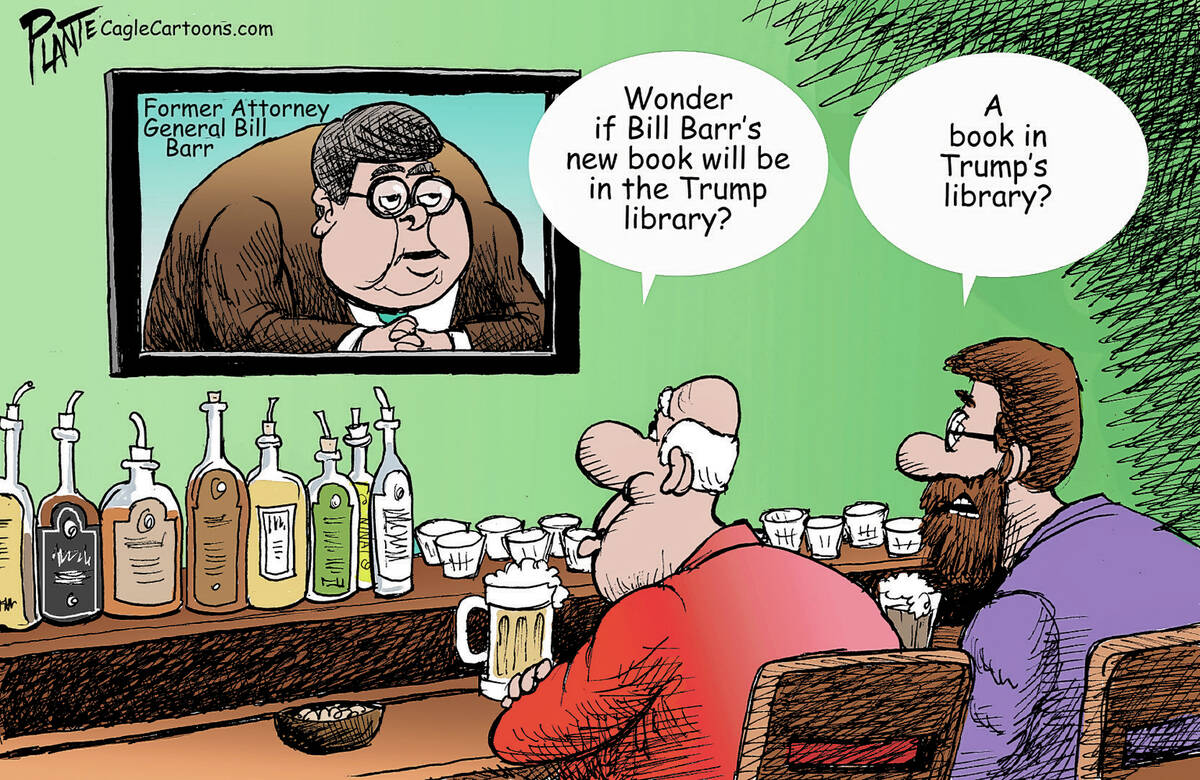 2019-06-03ed-caption cartoon, 2 guys at a bar watch Attorney General Bill Barr