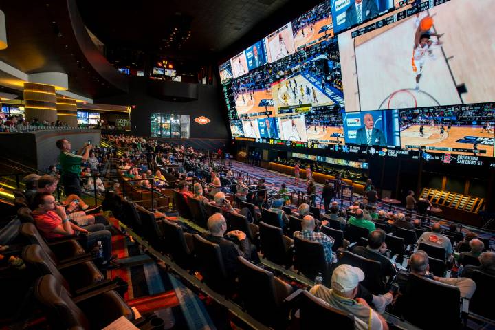 The Circa Sportsbook is packed with fans during the first day of March Madness on Thursday, Mar ...